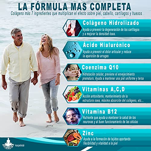 Colágeno Hidrolizado con Ácido Hialurónico y Coenzima Q10+Vitaminas A,C,D y B12+Zinc/Fórmula antiedad para una piel tersa y radiante/Ayuda a fortalecer las articulaciones,huesos y cabello/90 Cápsulas