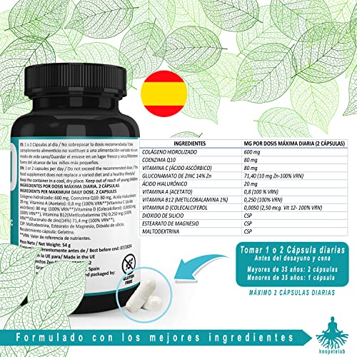 Colágeno Hidrolizado con Ácido Hialurónico y Coenzima Q10+Vitaminas A,C,D y B12+Zinc/Fórmula antiedad para una piel tersa y radiante/Ayuda a fortalecer las articulaciones,huesos y cabello/90 Cápsulas