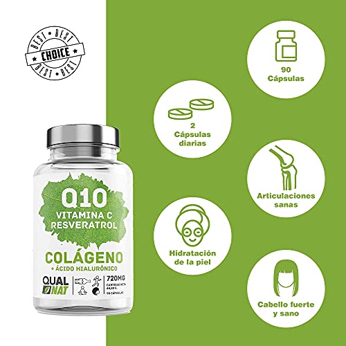 Colágeno marino con ácido hialurónico| Coencima Q10 - Vitamina C - Resveratrol | Colágeno Marino Piel Radiante| Huesos y Articulaciones Fuertes - 180 Cap