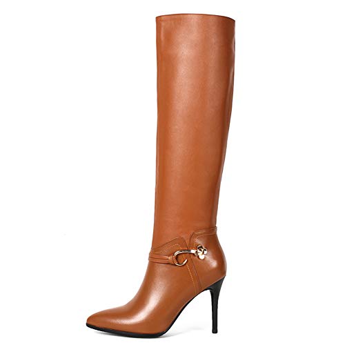 COLETER Botas de combate para mujer, piel metalizada, botas altas hasta la rodilla, de invierno, punta puntiaguda, tacones altos, color Marrón, talla 40 EU