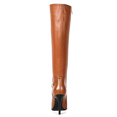 COLETER Botas de combate para mujer, piel metalizada, botas altas hasta la rodilla, de invierno, punta puntiaguda, tacones altos, color Marrón, talla 40 EU