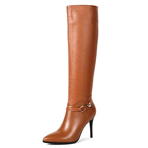 COLETER Botas de combate para mujer, piel metalizada, botas altas hasta la rodilla, de invierno, punta puntiaguda, tacones altos, color Marrón, talla 40 EU