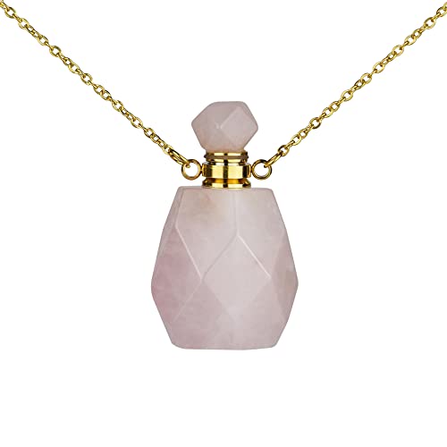 Collar de piedra de cuarzo rosa ideal para Aromaterapia/Yoga- apto para llevar aceite esencial / Porta perfume/difusor de aroma natural aceite esencial (collar piedra rosa)