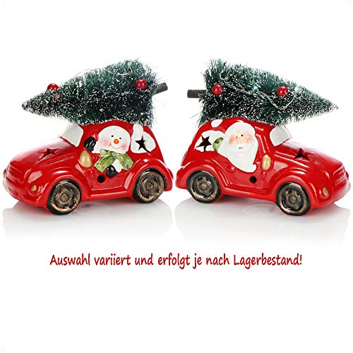 com-four® 2X Coche de Navidad LED con Abeto - Coche de cerámica roja con luz LED - Coche de decoración para la Navidad con Santa Claus y el muñeco de Nieve [la selección varía]