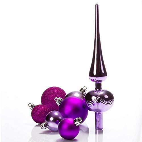 com-four® Conjunto de decoración de árbol de Navidad de 47 Piezas en Tonos violetas - Bolas de árbol de Navidad + Tapa de árbol de Navidad en Diferentes tamaños y Colores (47 Piezas - Violeta)