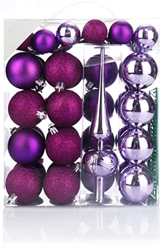 com-four® Conjunto de decoración de árbol de Navidad de 47 Piezas en Tonos violetas - Bolas de árbol de Navidad + Tapa de árbol de Navidad en Diferentes tamaños y Colores (47 Piezas - Violeta)