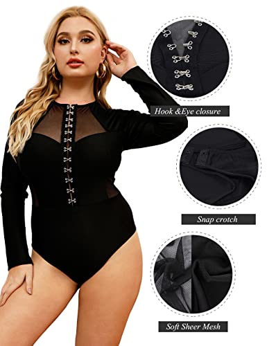 comeondear Bodis para Mujer Transparente Manga Larga Escote V Body Lencería Leotardo para Fiesta