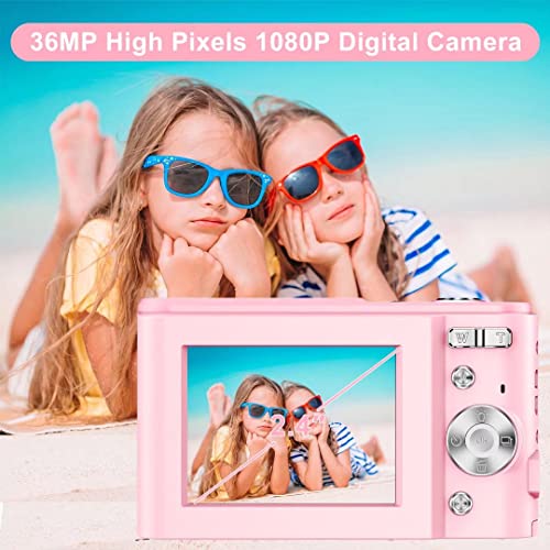 Compactas Cámaras Digitales 2,4 Pulgadas 1080P 36 Megapíxeles HD Camara Fotos Recargable Cámara para de Bolsillo Cámaras Digitales con Zoom 16X Camara Compacta,para Principiantes,Niño,Adulto (Rosado)