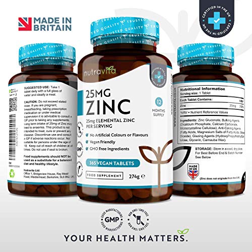 Comprimidos de zinc de 25mg–365 comprimidos veganos (suministro para 1 año)-para el mantenimiento propicio de un sistema inmunitario, huesos, cabello, piel y uñas–fabricado por Nutravita