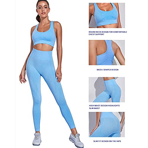 Conjunto Yoga 3 Piezas Ropa Fitness , Pantalones De Yoga Súper Elásticos Sin Costuras+Bralette Para Mujer+Camiseta Deportiva De Manga Larga Sin Costuras Mujer Azul L