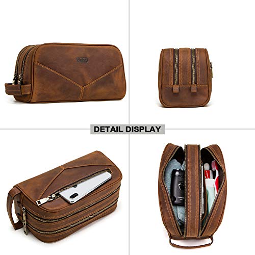 Contacts Crazy Horse Vaca de cuero doble cremallera Dopp Kit Travel Toiletry Bag (marrón)