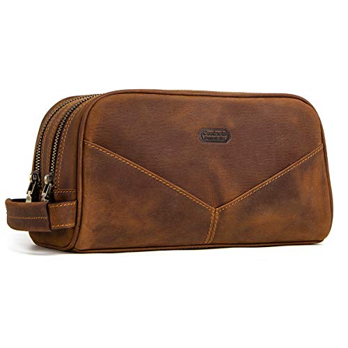 Contacts Crazy Horse Vaca de cuero doble cremallera Dopp Kit Travel Toiletry Bag (marrón)