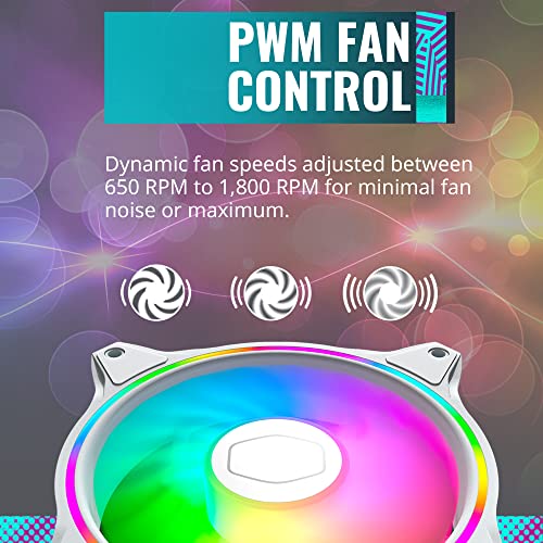 Cooler Master MasterFan MF120 Halo White Edition Duo-Ring ARGB Lighting, ventilador de presión estática PWM de 120 mm, almohadillas absorbentes para carcasa de computadora y radiador líquido