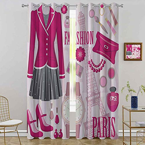 Cortinas opacas, temáticas de moda en París con atuendos reloj de vestir, monedero, perfume parisienne Landmark, W52 x L84, cortina opaca para ventana, para dormitorio, color rosa