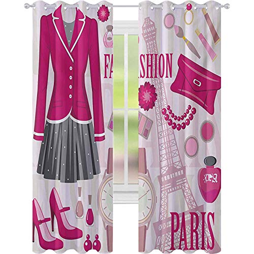 Cortinas opacas, temáticas de moda en París con atuendos reloj de vestir, monedero, perfume parisienne Landmark, W52 x L84, cortina opaca para ventana, para dormitorio, color rosa