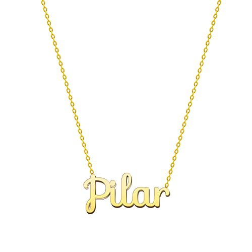 Cotigo Collar Nombre Acero-Incluye Tarjeta con Significado Hermoso -Colgante Nombre Plateado o Dorado-Regalos Personalizados para Mujer-Cumpleaño-Navidad-Día de madre-San valentín (Pilar-Dorado)