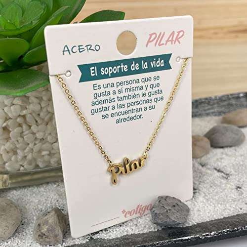 Cotigo Collar Nombre Acero-Incluye Tarjeta con Significado Hermoso -Colgante Nombre Plateado o Dorado-Regalos Personalizados para Mujer-Cumpleaño-Navidad-Día de madre-San valentín (Pilar-Dorado)