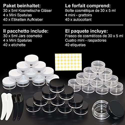 COYICOLI 30 Piezas Envases para Cosmetica,Envase cosmético vacío de 5g Mini Tarro de Plástico Tarro vacío Crema de Viaje con Tapa-Crema/Muestra/Loción/Polvo-3 Colores (Blanco, Negro, Transparente)