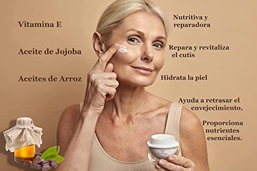 Crema Facial Antiarrugas con Aceite de Jojoba y Aceite de arroz - con Manteca de cacao y Vitamina E - Hidratante - día y noche para mujer y hombre 50ml [HECHO EN ESPAÑA]