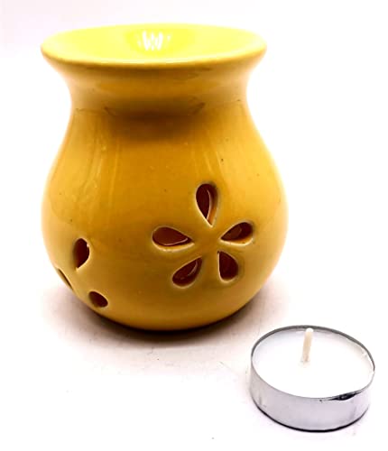 CRIGEMA - Set Goloka aceite esencial vainilla de Madagascar 10 ml con quemador de esencias amarillo de cerámica y vela Tealight