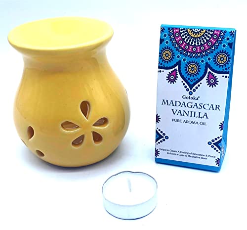 CRIGEMA - Set Goloka aceite esencial vainilla de Madagascar 10 ml con quemador de esencias amarillo de cerámica y vela Tealight