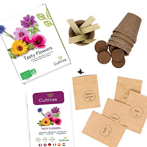 Cultivea – Mini Kit Huerto de Flores Comestibles – 100% Semillas Bio - Jardina, Decora y Degusta - Idea de Regalo (Calendula, Amapola, Malva, Cosmos, Poppy)