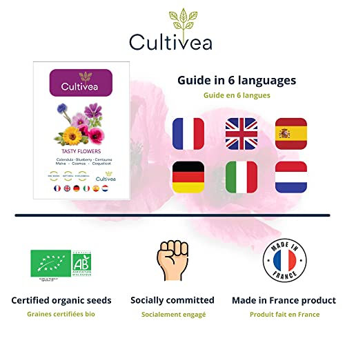 Cultivea – Mini Kit Huerto de Flores Comestibles – 100% Semillas Bio - Jardina, Decora y Degusta - Idea de Regalo (Calendula, Amapola, Malva, Cosmos, Poppy)