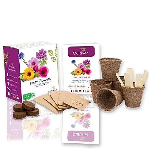 Cultivea – Mini Kit Huerto de Flores Comestibles – 100% Semillas Bio - Jardina, Decora y Degusta - Idea de Regalo (Calendula, Amapola, Malva, Cosmos, Poppy)