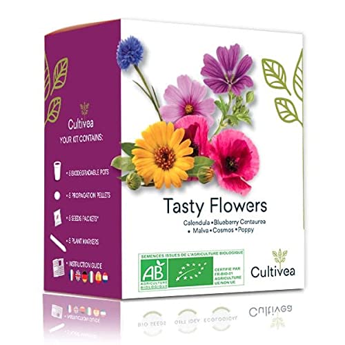 Cultivea – Mini Kit Huerto de Flores Comestibles – 100% Semillas Bio - Jardina, Decora y Degusta - Idea de Regalo (Calendula, Amapola, Malva, Cosmos, Poppy)