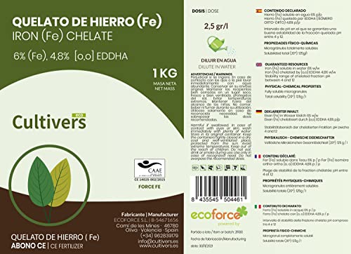 CULTIVERS Quelato de Hierro Fertilizante Ecológico de 1 Kg. Reverdeciente anticlorosis. Nutriente Fundamental para Las Plantas (6% Fe-EDDHA orto orto 4,8 % ). Force Fe