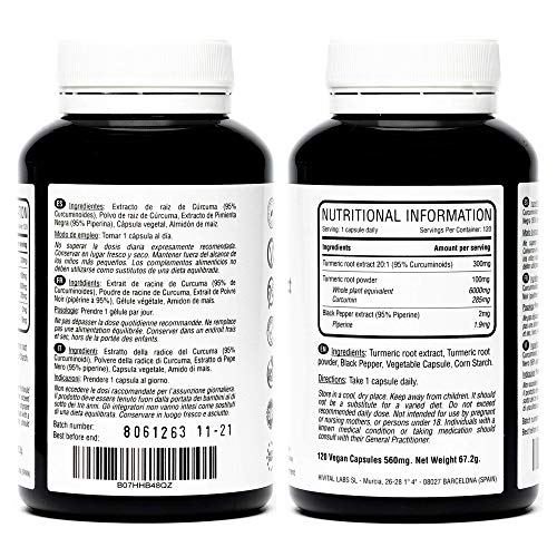 Cúrcuma 6000 mg, Extracto al 95% con Pimienta Negra | 120 cápsulas vegetales | Para mejorar la circulación sanguínea, la salud cardiovascular, combatir la inflamación y el dolor de las articulaciones.