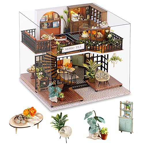 Cuteefun Casa en Miniatura para Montar, Casa de Munecas Miniatura con Muebles, Kit de Casas de Manualidades DIY con Música Guardapolvo Herramientas, Idea de Regalo Creativa (Tienda de Té)