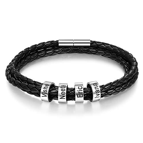 DaMei Personalizada Pulseras para Mujer Cuero con 1-4 Nombre para Familia Pareja Brazalete Plata Hombre Mujer Pulsera de España - Ideas Regalo para Hombre da Cumpleaños Navidad