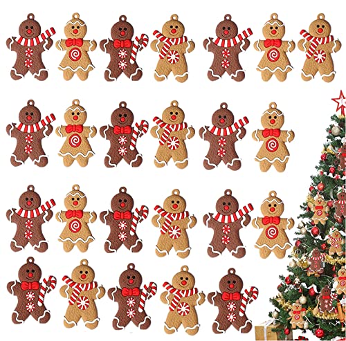 Decoración para árbol de Navidad, 24 Piezas Juego de Adornos de Pan de Jengibre de Navidad,Pulgadas de Hombre de Jengibre con Cuerdas, ecoración de Fiestas, jardín, Puerta, Ventana, 4 Estilos