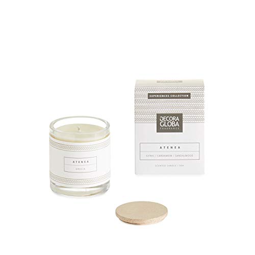 Decoragloba - Vela Aromática en Vaso de Cristal - Fragancia Atenea - Aroma Cítrico y Floral con un Toque Amaderado - 50 Horas de Quemado - Colección "Grecia Experience" - 220gr