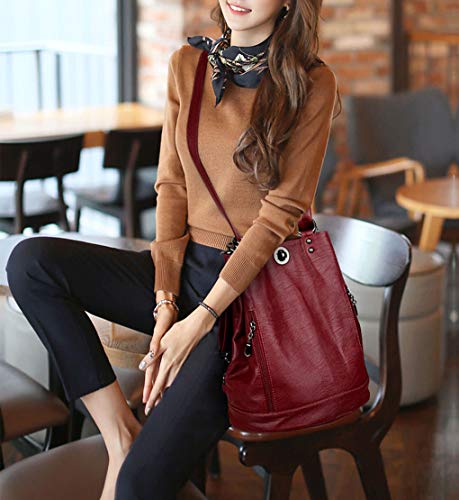 DEERWORD Mujer Bolsos Mochila Vestir Antirobo Pequeña Cuero Hombro Piel de PU Casual Bandolera Burdeos