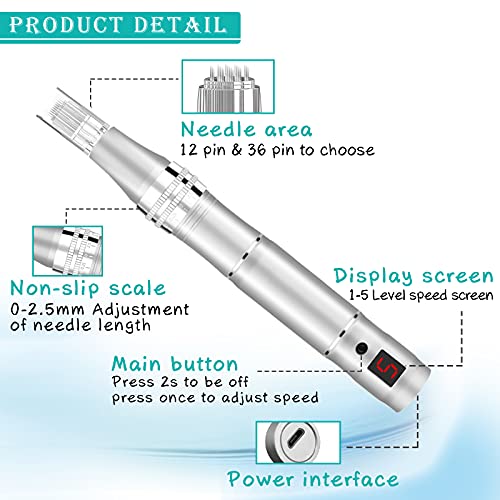 Derma Pen Eléctrico con Microagujas, Cicatrices de Acné, Antienvejecimiento, Arrugas, Estrías, Pérdida de Cabello, 0 mm-2,5 mm Ajustable con Pantalla LCD de 10 Cartuchos (Plata)