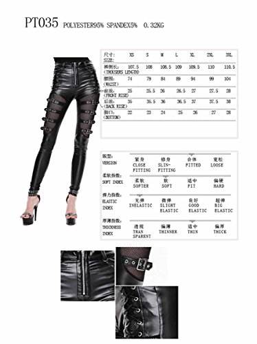 Devil Fashion DF Gótico Skinny Pantalones de cintura Steam Punk malla Stitching cuero PU lápiz hebilla Leggings Negro XXL