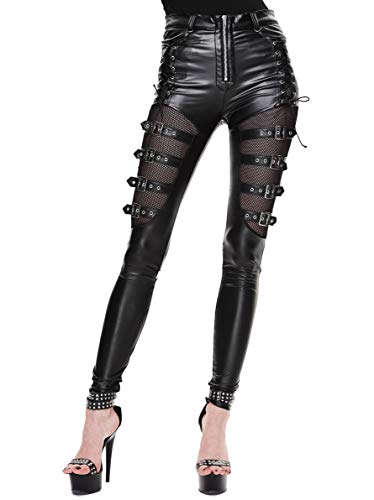 Devil Fashion DF Gótico Skinny Pantalones de cintura Steam Punk malla Stitching cuero PU lápiz hebilla Leggings Negro XXL