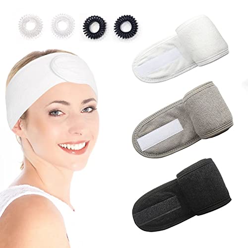 Diadema de maquillaje ajustable de 3 piezas, diadema para lavado de cara, spa, belleza, spa, diadema de yoga de felpa facial, bucle de toalla autoadhesivo y 4 bucles para el cabello.