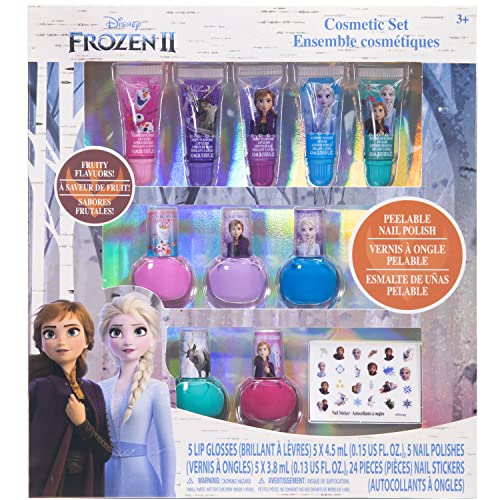 Disney Frozen - Townley Girl De maquillaje cosmético para niñas con pegatinas de uñas para esmalte de uñas con brillo de labios - 11 piezas | Regalo de cumpleaños para niñas a partir de 3 años