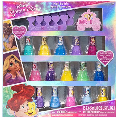 Disney Princess - Townley Girl Esmalte de uñas desprendible no tóxico | Juego de regalo para niños, niñas y niños pequeños | Colores brillantes y opacos | A partir de 3 años (18 piezas)