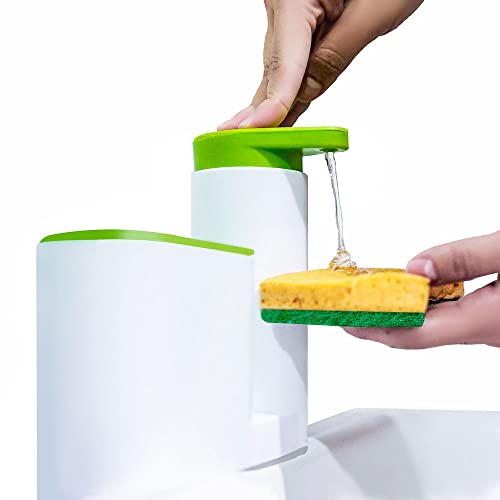 Dispensador de jabón con Compartimento para Estropajo, dosificador con depósito, 200ml de Capacidad, Organizador de Cocina de abs para Estropajo de Cocina y baño, Recargable, Lavable, Reutilizable