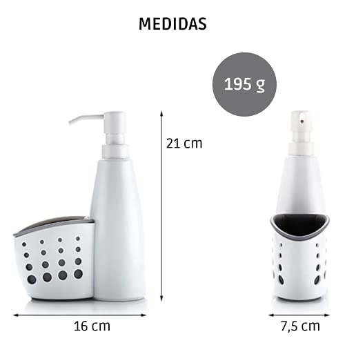 Dispensador de jabón líquido para Cocina y baño Recargable con Soporte para Estropajo|Dosificador de jabón Blanco Perla para Cocina portaestropajos Incluido