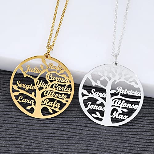 doble aro Collar Personalizado Árbol de la Vida para Mujer - Plata de Ley 925/1000 con Cadena Rolo de 45 cm + Alargador (Modelo Híspalis hasta 9 nombres, Plata de Ley)