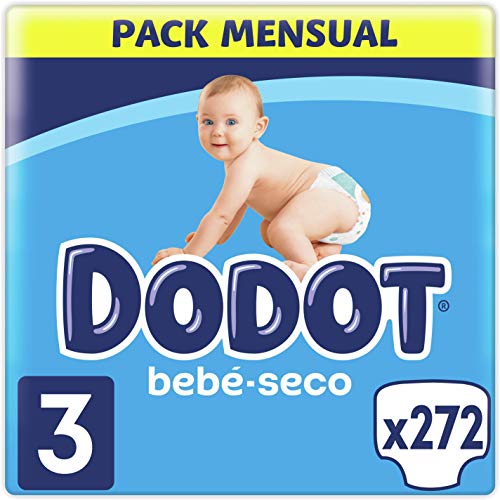 Dodot Pañales Bebé-Seco Talla 3 (6-10 kg), 272 Pañales con Protección Antifugas, Pack Mensual