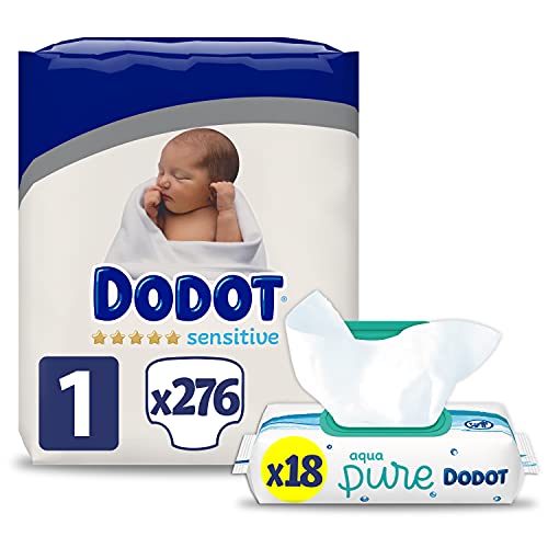 Dodot Pañales Bebé Sensitive Talla 1 (2-5 kg), 276 Pañales + Toallitas Aqua Pure, 18 Paquetes (18x48), Máxima Protección de la Piel de Dodot