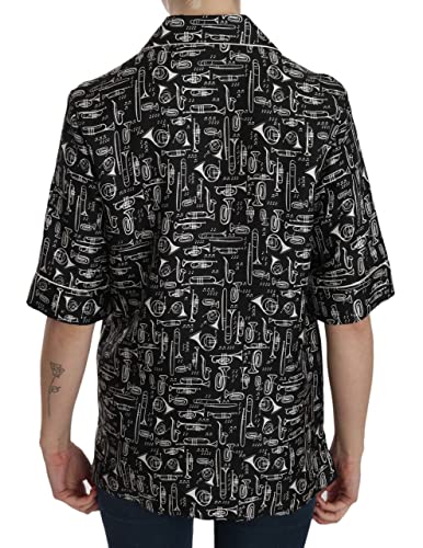 Dolce & Gabbana - - All - Black Musical Instrument Print Silk Top - IT44|L