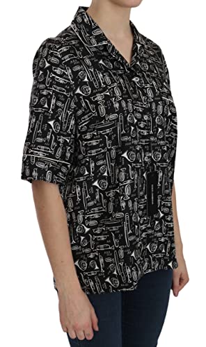 Dolce & Gabbana - - All - Black Musical Instrument Print Silk Top - IT44|L