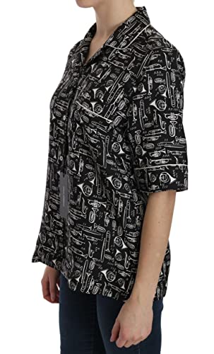 Dolce & Gabbana - - All - Black Musical Instrument Print Silk Top - IT44|L